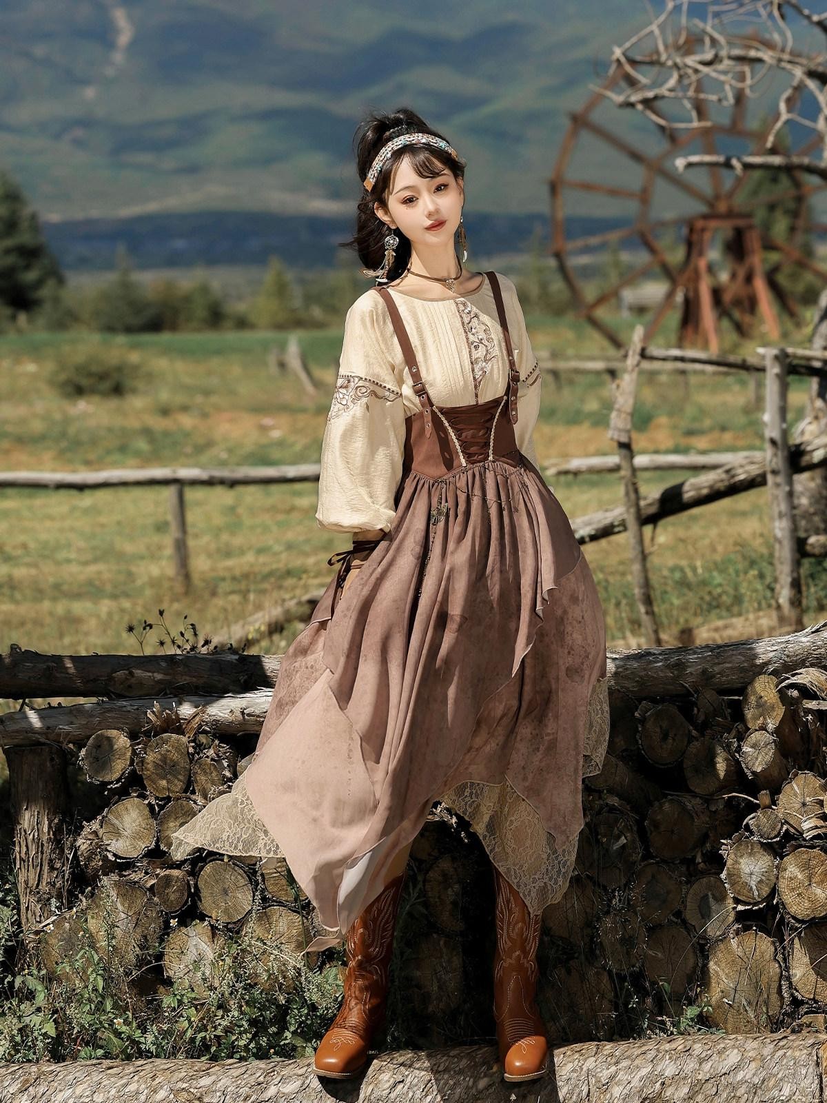Sweet Promise Wasteland Nomad Lolita Vintage Full Skirt Round Neck Women's Long Sleeve Op