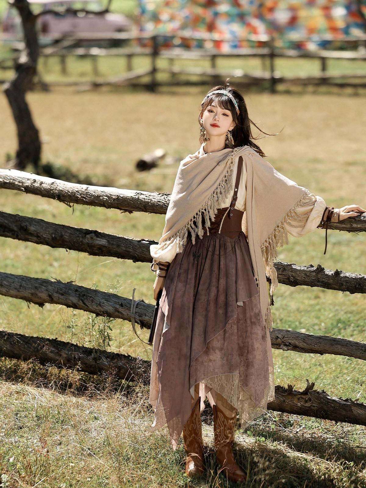 Sweet Promise Wasteland Nomad Lolita Vintage Full Skirt Round Neck Women's Long Sleeve Op