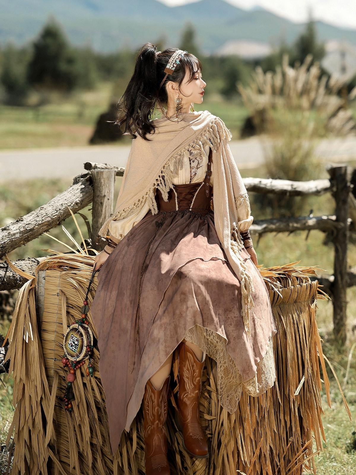 Sweet Promise Wasteland Nomad Lolita Vintage Full Skirt Round Neck Women's Long Sleeve Op