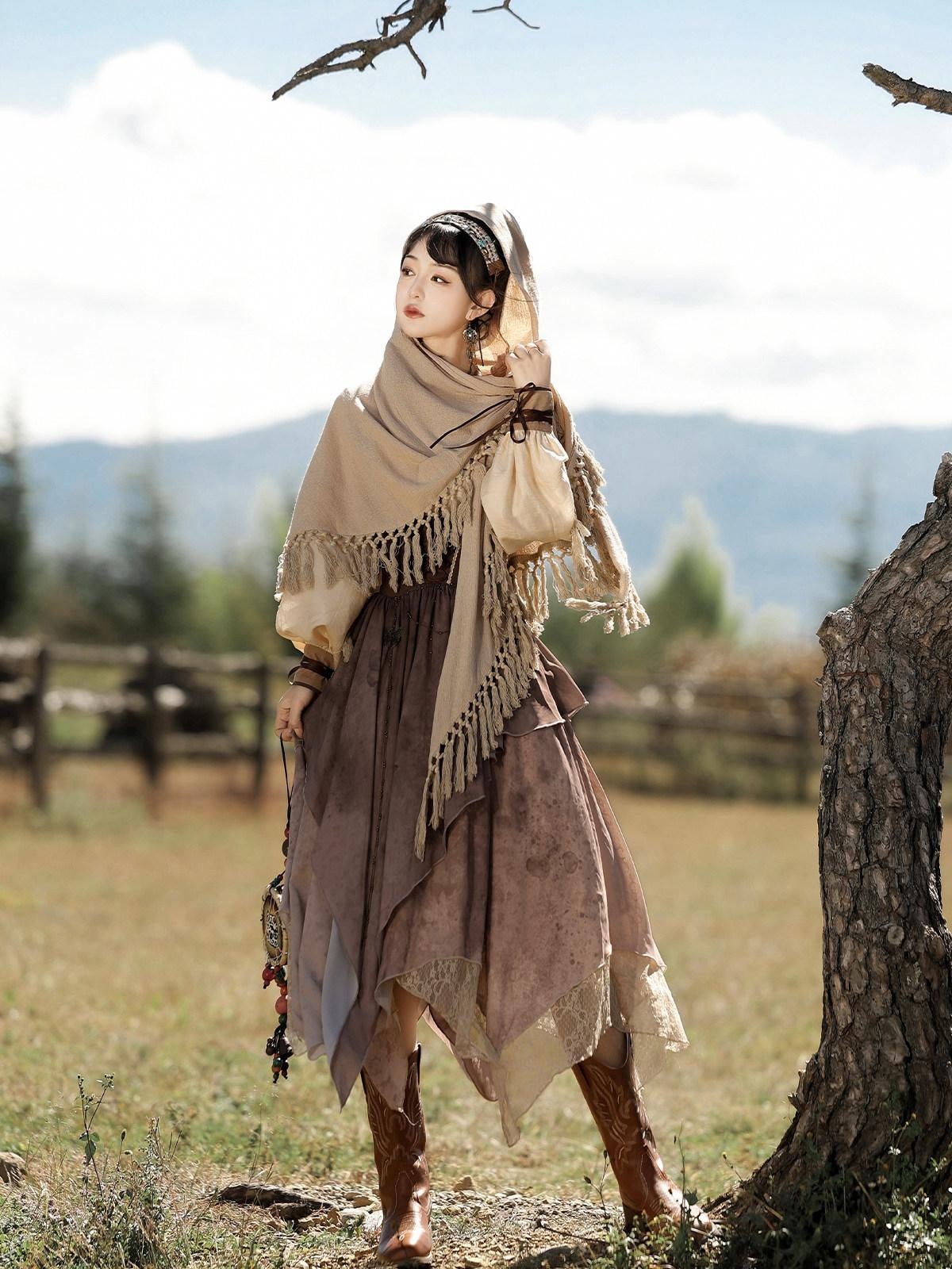 Sweet Promise Wasteland Nomad Lolita Vintage Full Skirt Round Neck Women's Long Sleeve Op