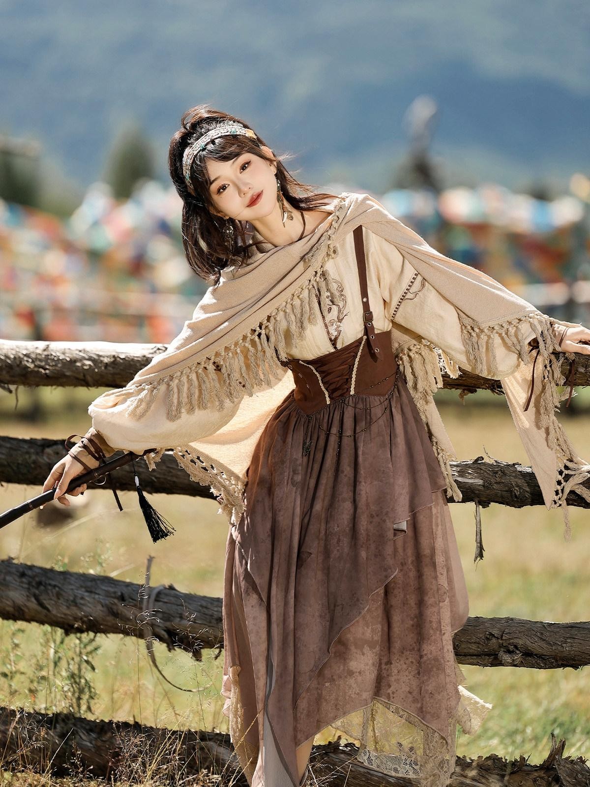 Sweet Promise Wasteland Nomad Lolita Vintage Full Skirt Round Neck Women's Long Sleeve Op