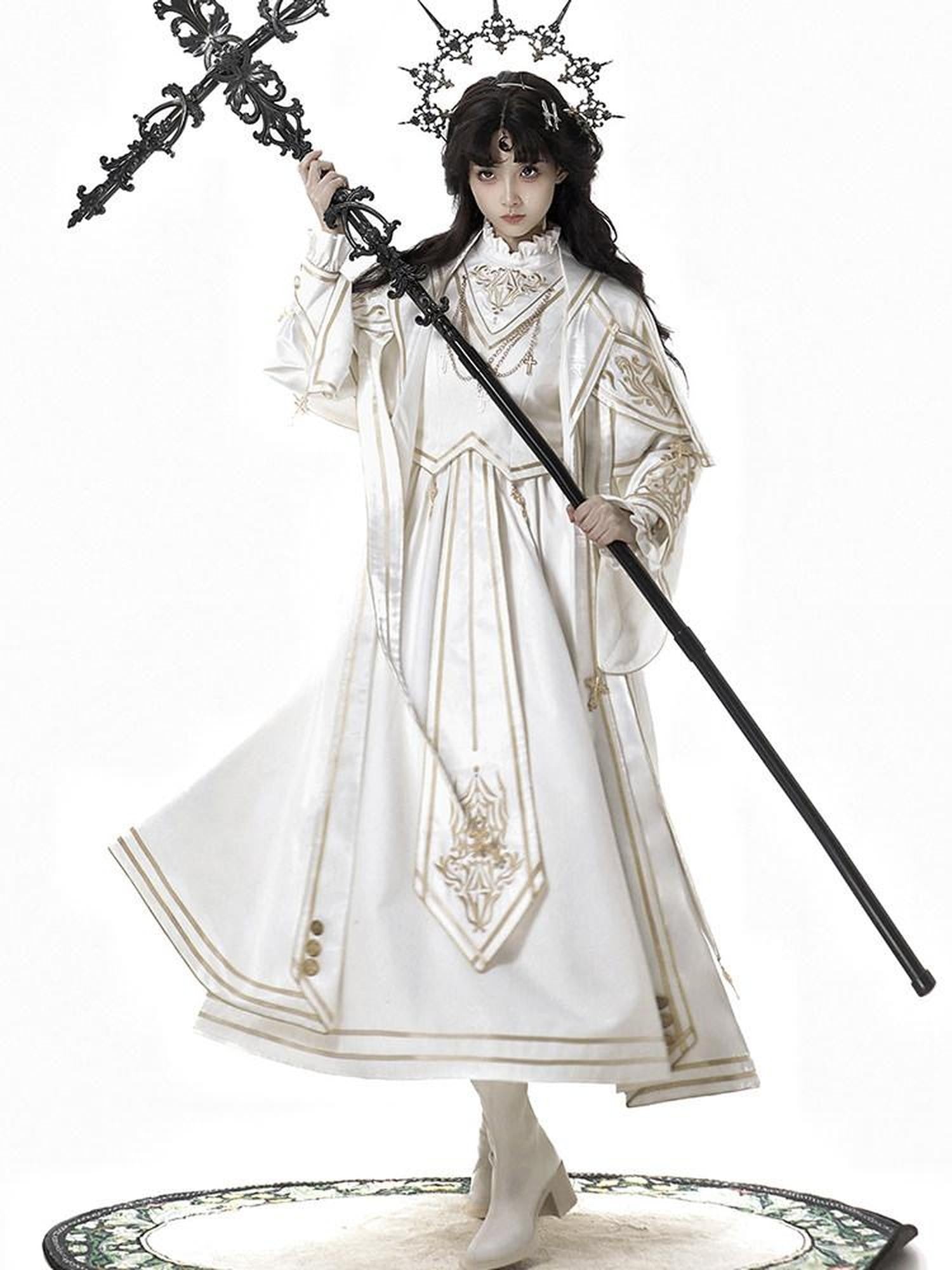 Sweet Promise White Lolita Cosplay A Line Stand Collar Coat And Dress Women's Op Sets