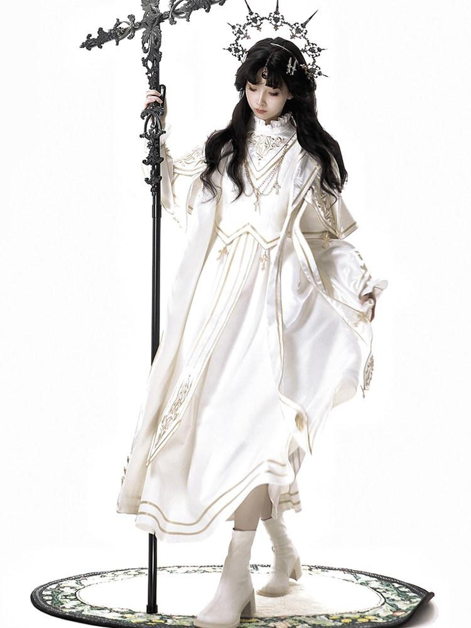 Sweet Promise White Lolita Cosplay A Line Stand Collar Coat And Dress Women's Op Sets
