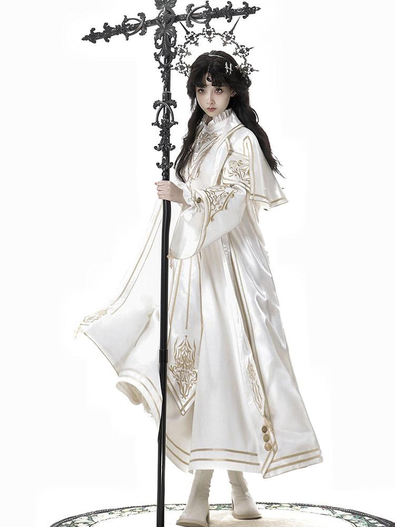 Sweet Promise White Lolita Cosplay A Line Stand Collar Coat And Dress Women's Op Sets