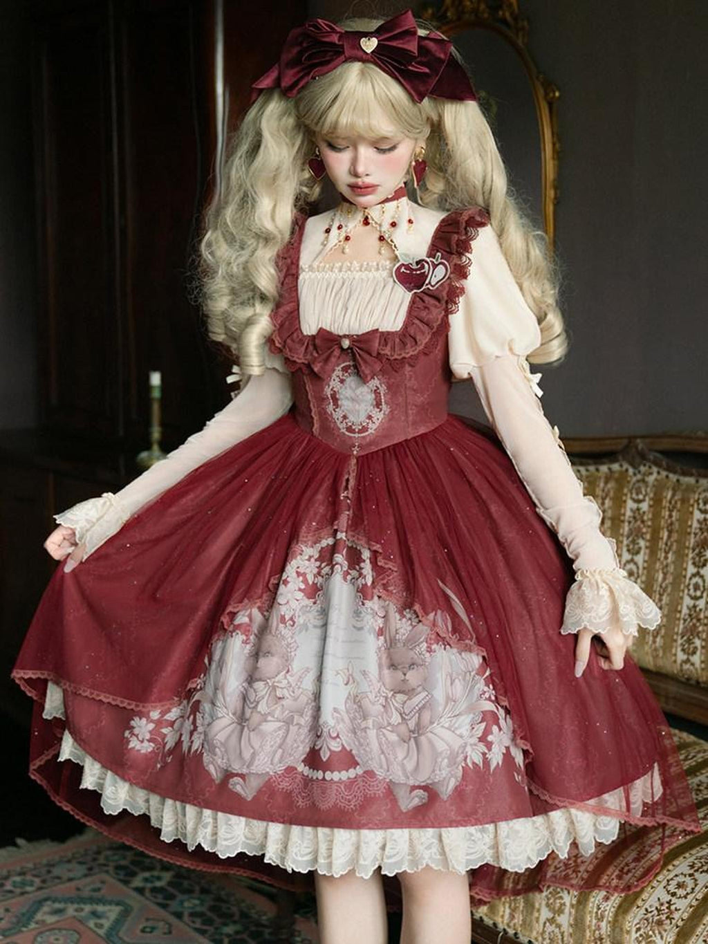Sweet Promise Wine Red Lolita Princess Spaghetti Strap Two Piece Women's Jsk / Jumper Skirts