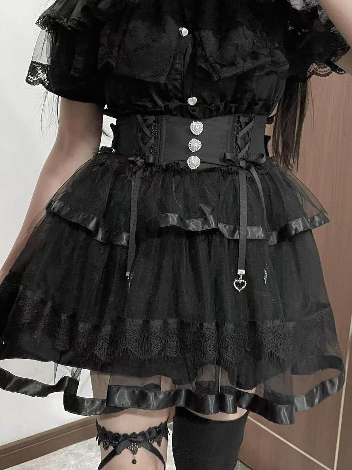 Virtual Paradise Ballet Bow Lace Tulle Fishbone High Waist Women's Tencel Skirts