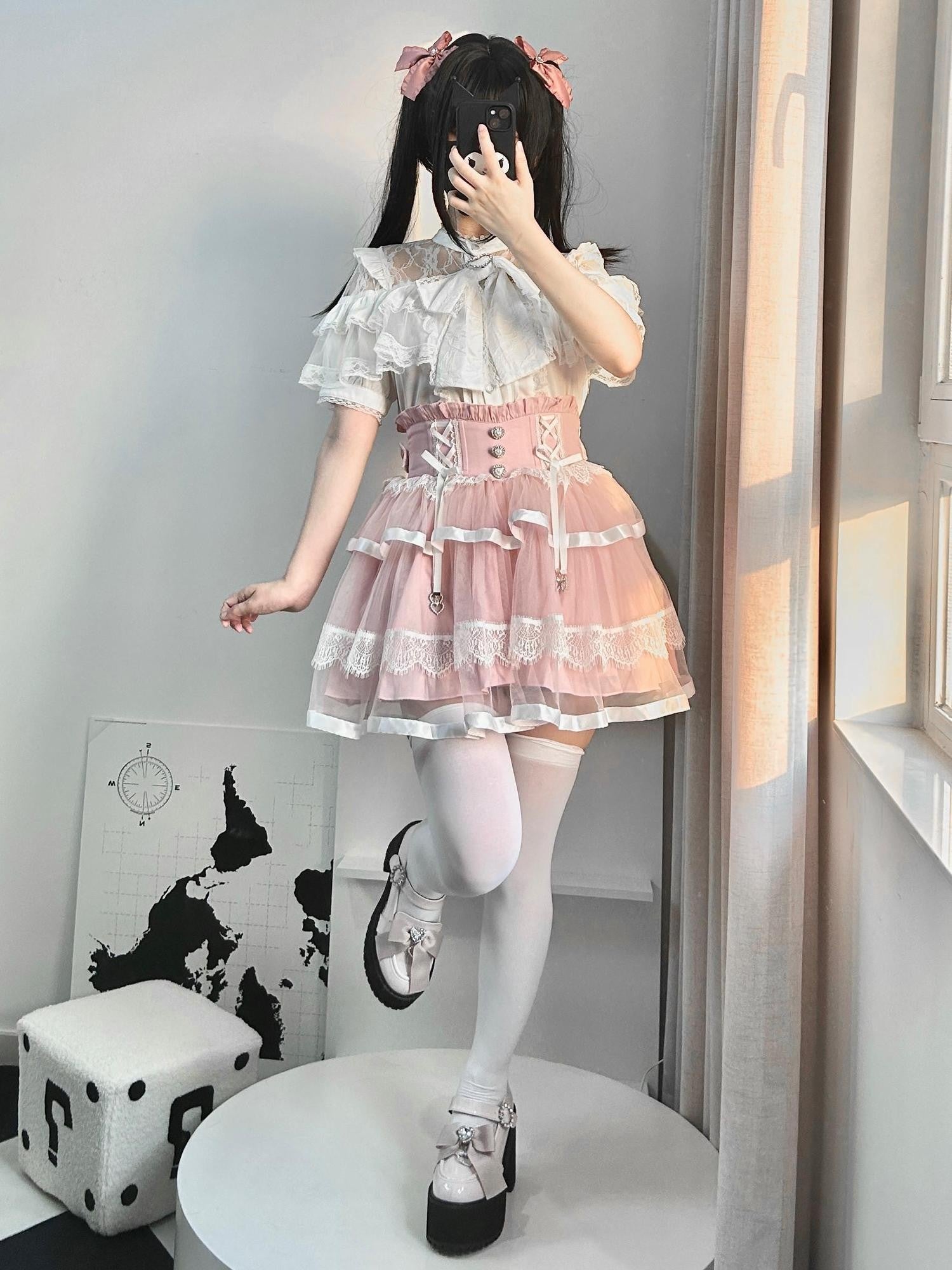 Virtual Paradise Ballet Bow Lace Tulle Fishbone High Waist Women's Tencel Skirts