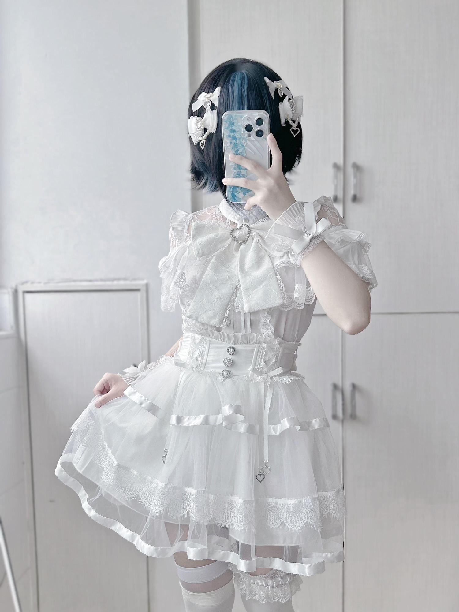 Virtual Paradise Ballet Bow Lace Tulle Fishbone High Waist Women's Tencel Skirts