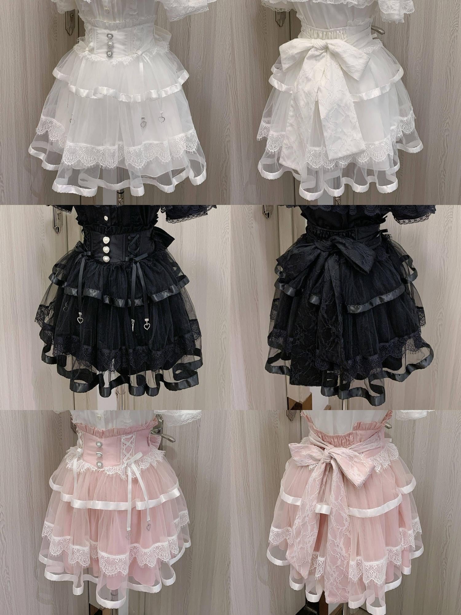 Virtual Paradise Ballet Bow Lace Tulle Fishbone High Waist Women's Tencel Skirts