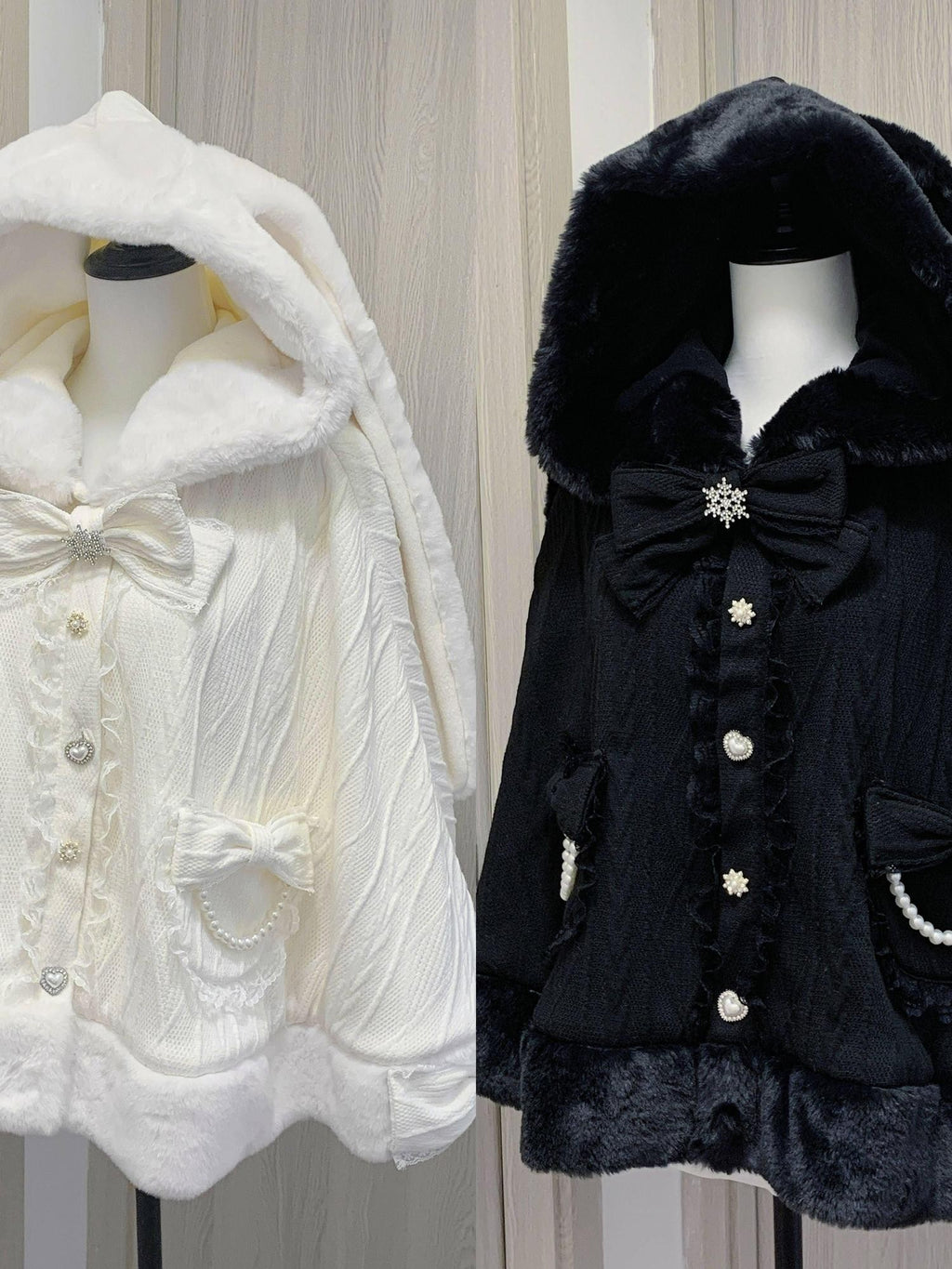 Virtual Paradise Beige Bunny Ear Hood Bow Pearl Fur Collar Women's Fleece Lined Long Cloaks