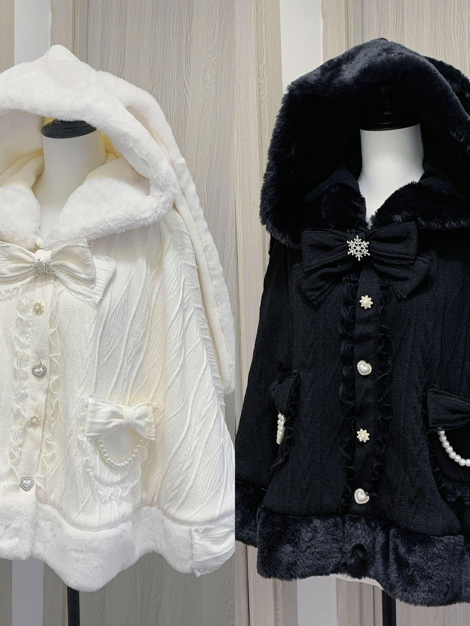 Virtual Paradise Beige Bunny Ear Hood Bow Pearl Fur Collar Women's Fleece Lined Long Cloaks