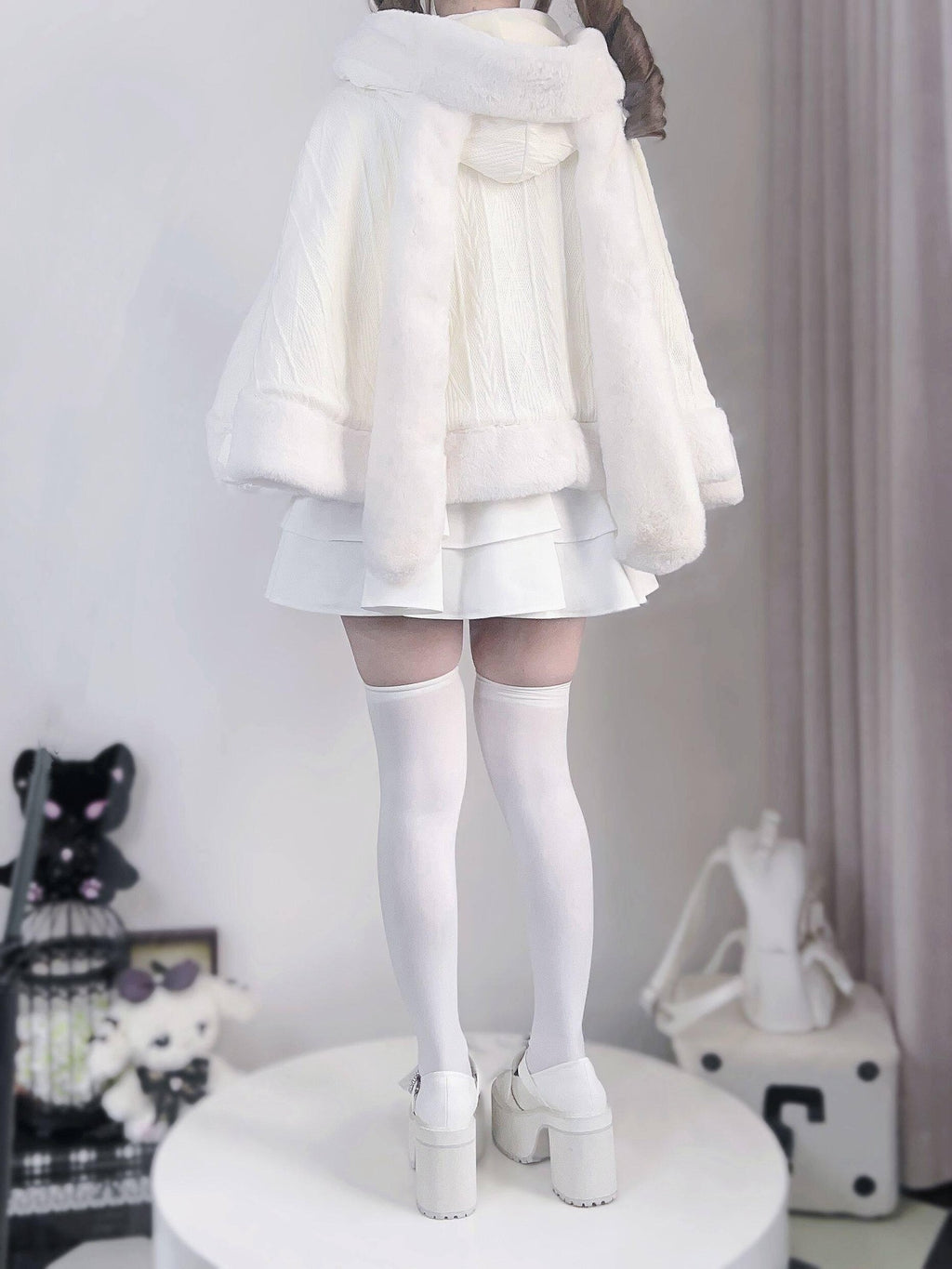Virtual Paradise Beige Bunny Ear Hood Bow Pearl Fur Collar Women's Fleece Lined Long Cloaks