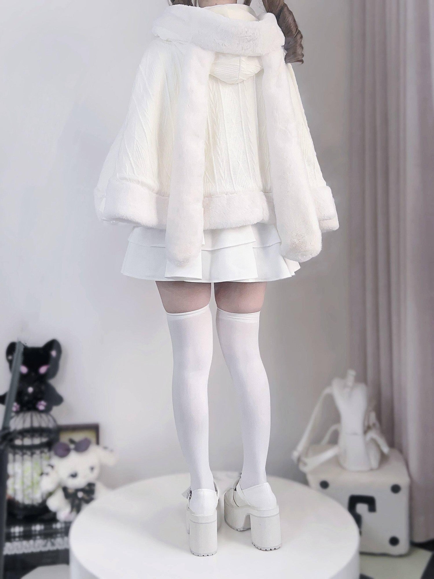 Virtual Paradise Beige Bunny Ear Hood Bow Pearl Fur Collar Women's Fleece Lined Long Cloaks