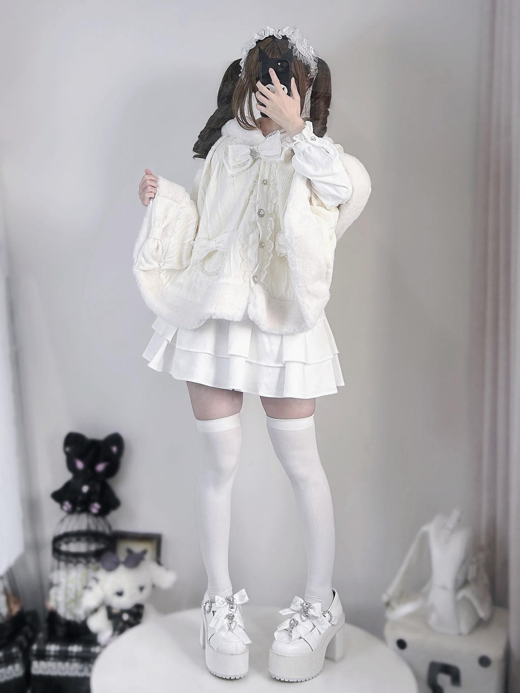 Virtual Paradise Beige Bunny Ear Hood Bow Pearl Fur Collar Women's Fleece Lined Long Cloaks
