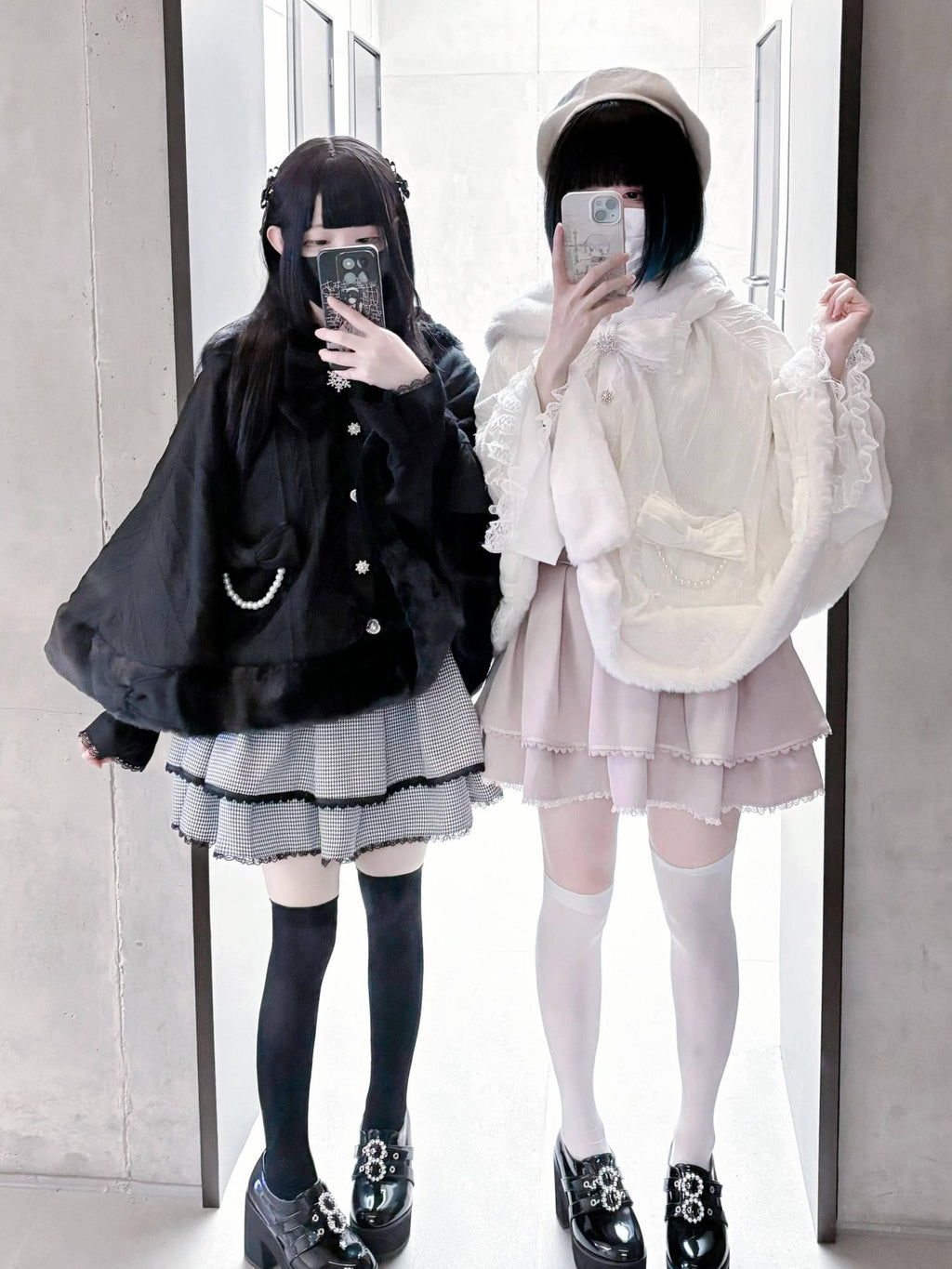 Virtual Paradise Beige Bunny Ear Hood Bow Pearl Fur Collar Women's Fleece Lined Long Cloaks