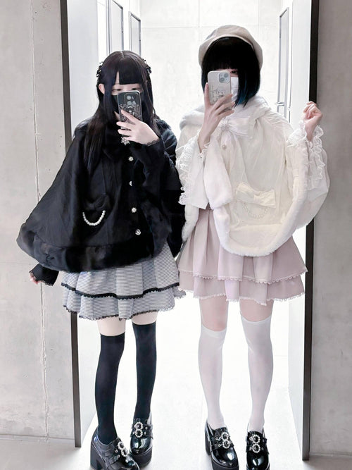 Virtual Paradise Beige Bunny Ear Hood Bow Pearl Fur Collar Women's Fleece Lined Long Cloaks