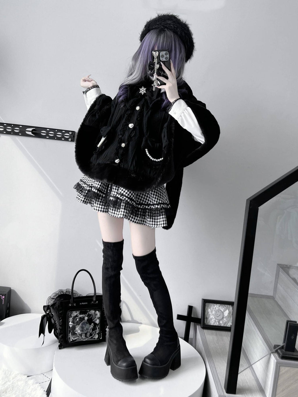 Virtual Paradise Beige Bunny Ear Hood Bow Pearl Fur Collar Women's Fleece Lined Long Cloaks