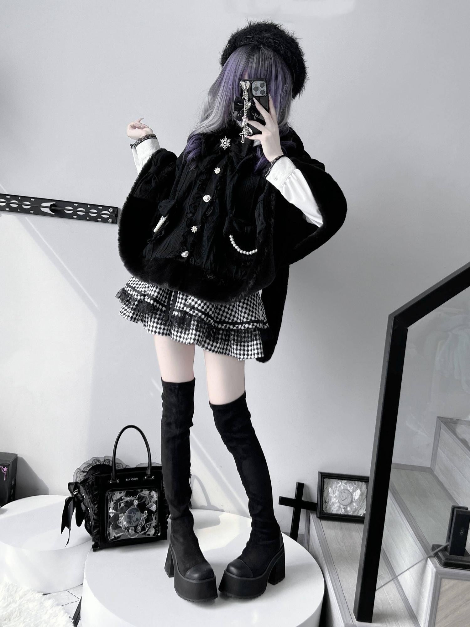 Virtual Paradise Beige Bunny Ear Hood Bow Pearl Fur Collar Women's Fleece Lined Long Cloaks