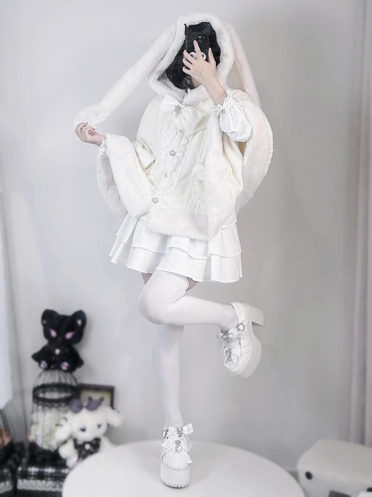 Virtual Paradise Beige Bunny Ear Hood Bow Pearl Fur Collar Women's Fleece Lined Long Cloaks
