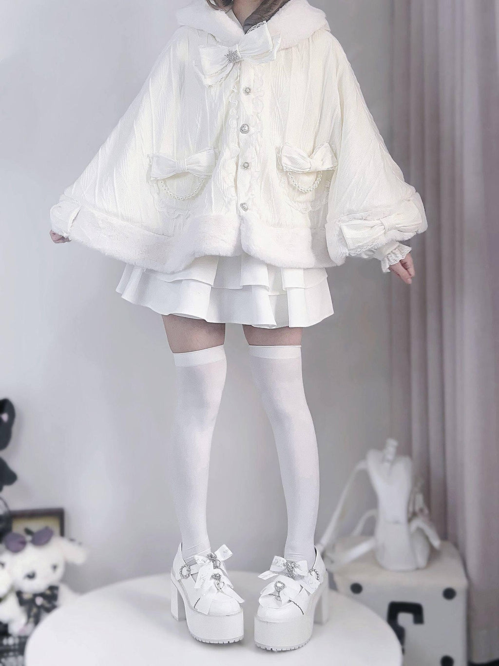 Virtual Paradise Beige Bunny Ear Hood Bow Pearl Fur Collar Women's Fleece Lined Long Cloaks
