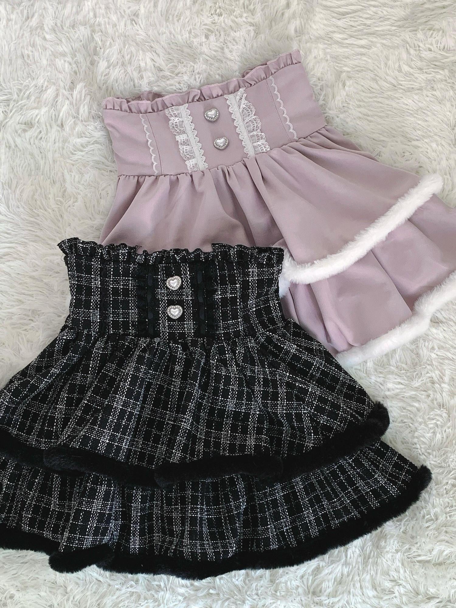 Virtual Paradise Black Pink Lace Frayed Double Layer Tweed Inspired Cute Women's Outlast Skirts