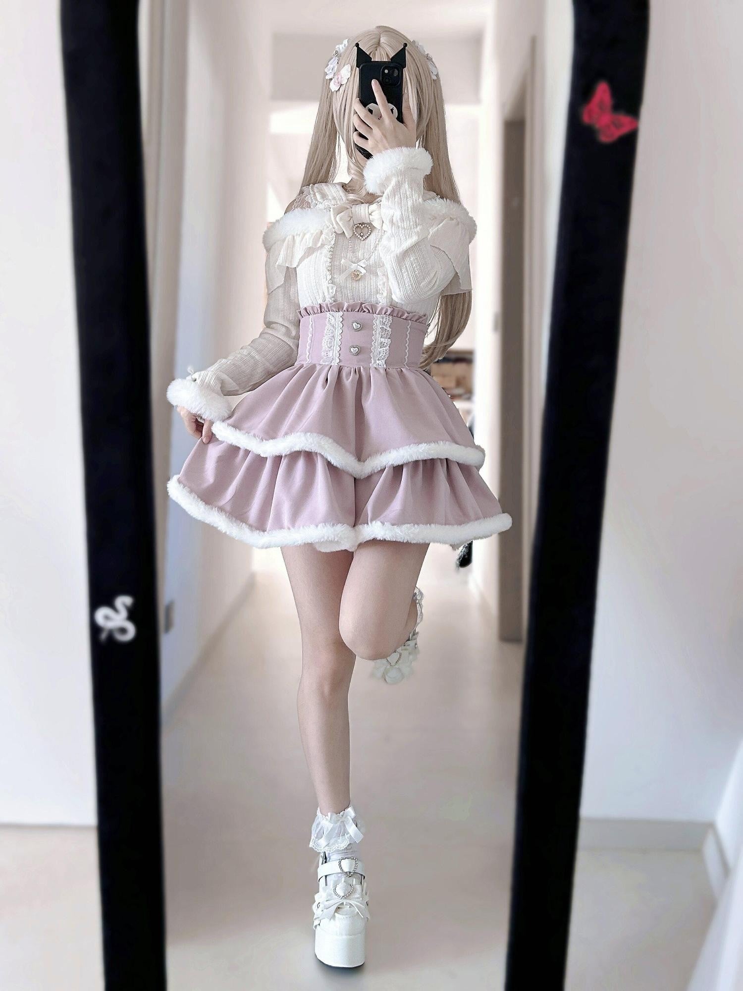 Virtual Paradise Black Pink Lace Frayed Double Layer Tweed Inspired Cute Women's Outlast Skirts