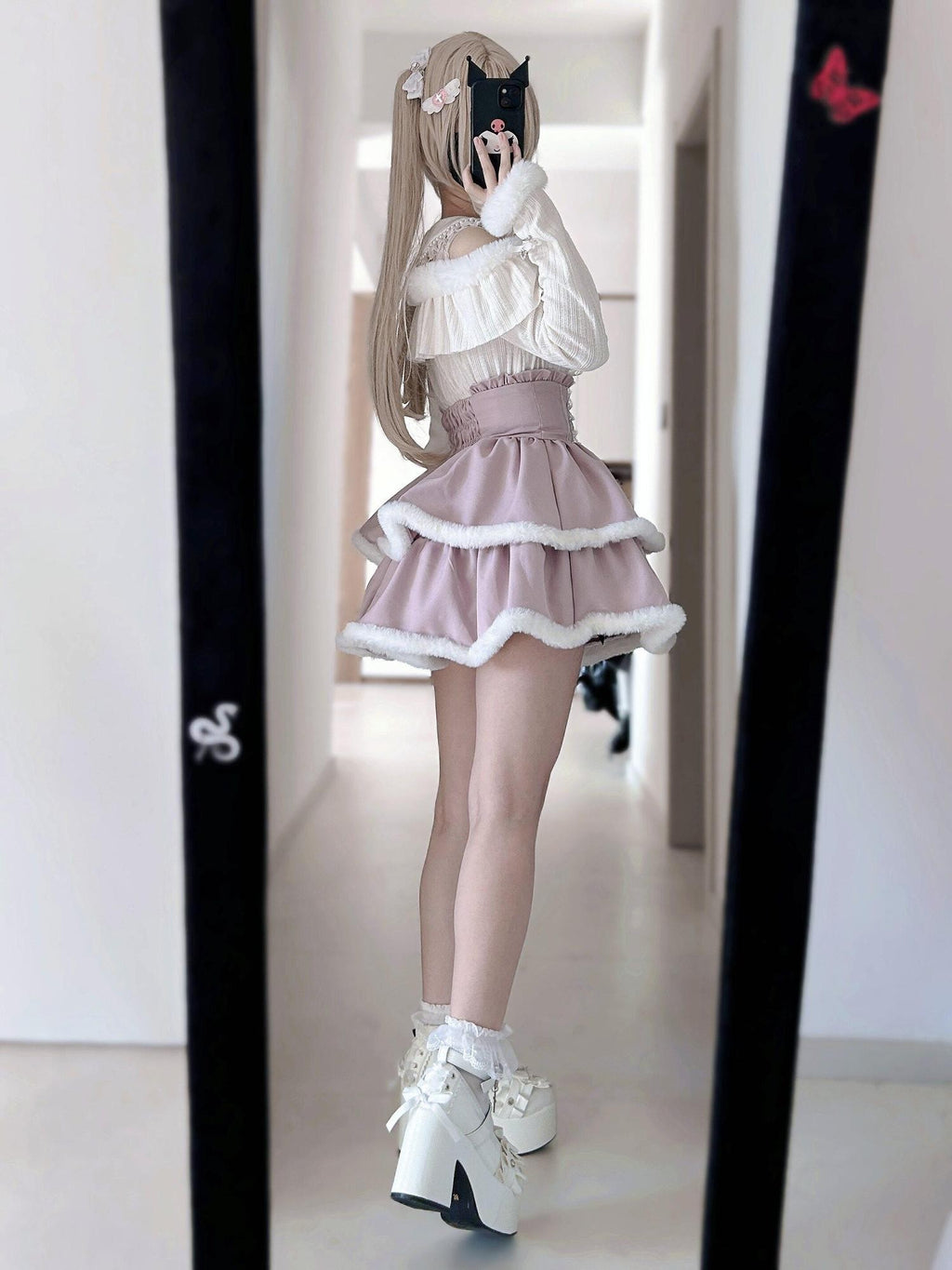Virtual Paradise Black Pink Lace Frayed Double Layer Tweed Inspired Cute Women's Outlast Skirts
