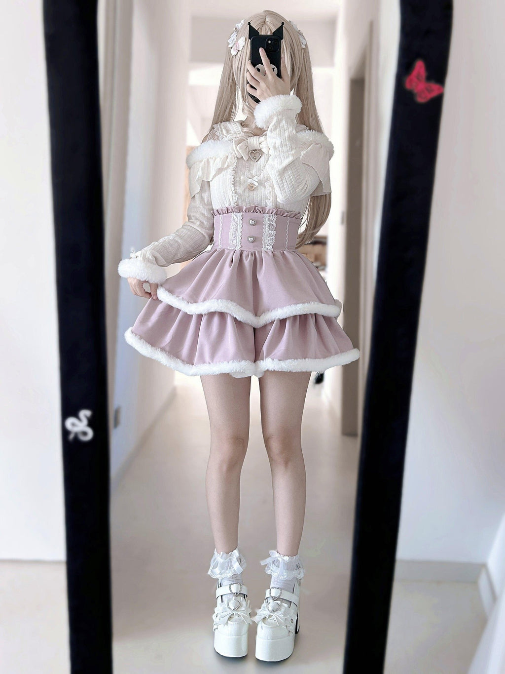 Virtual Paradise Black Pink Lace Frayed Double Layer Tweed Inspired Cute Women's Outlast Skirts