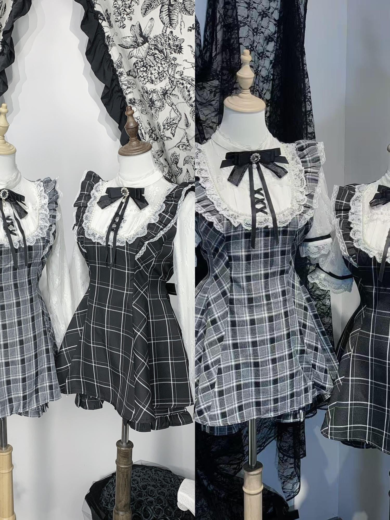 Virtual Paradise Black White Check Lace Pearl Bow Stand Collar Women's Op Sets