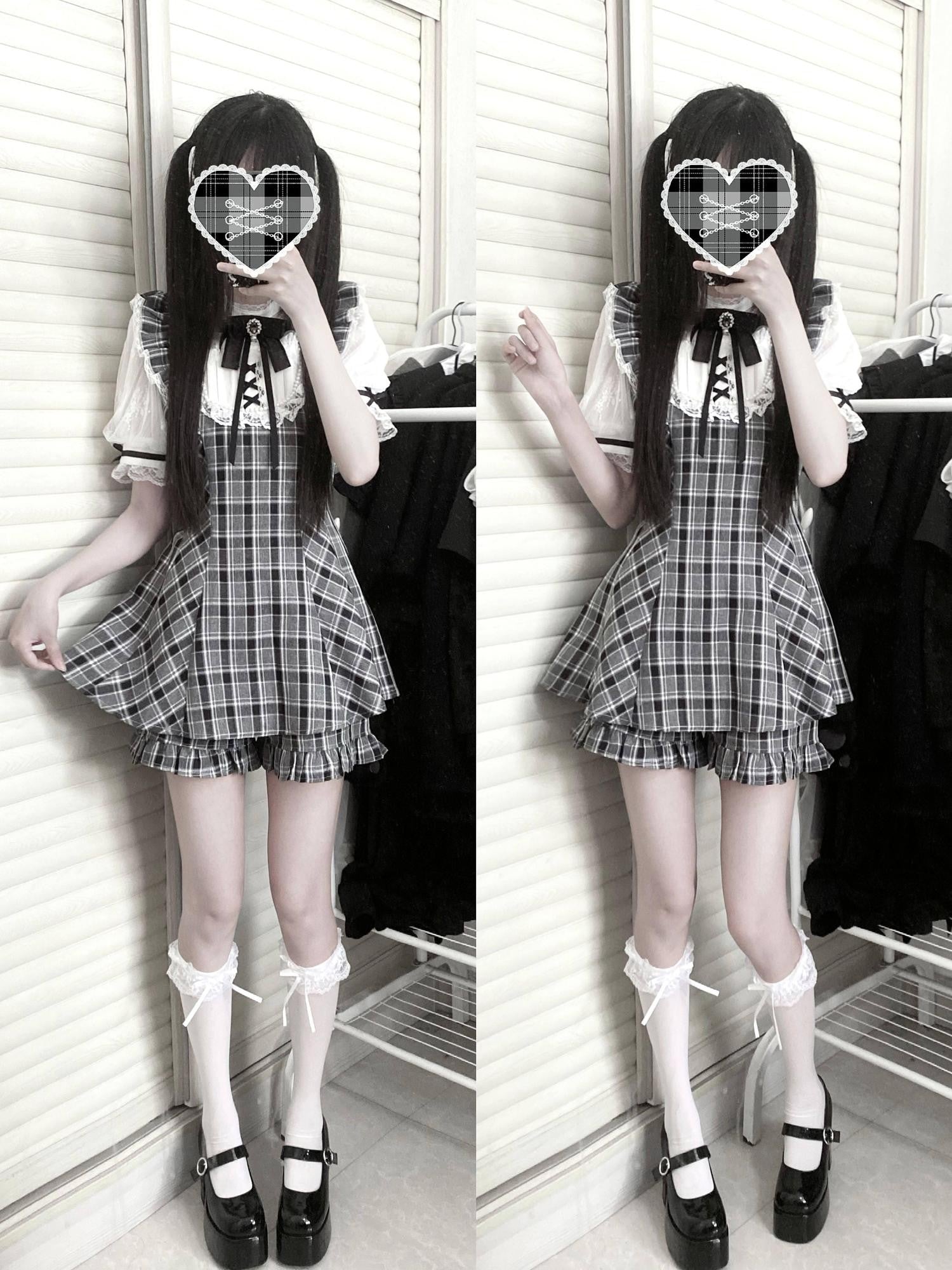 Virtual Paradise Black White Check Lace Pearl Bow Stand Collar Women's Op Sets