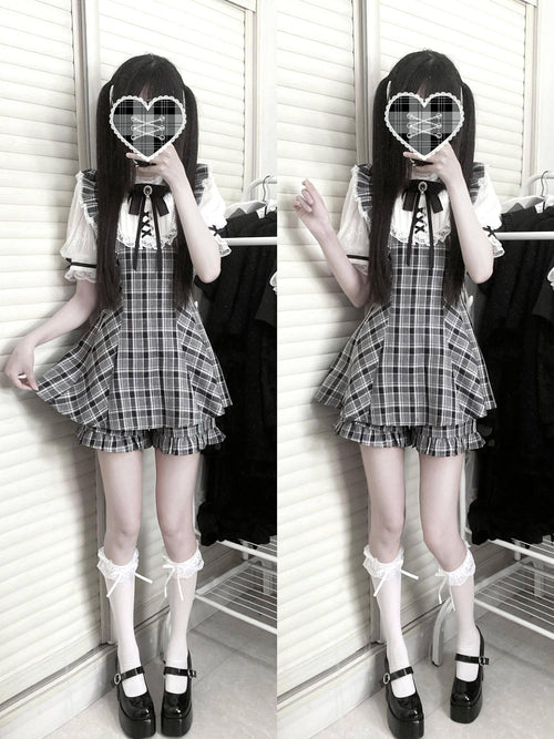 Virtual Paradise Black White Check Lace Pearl Bow Stand Collar Women's Op Sets