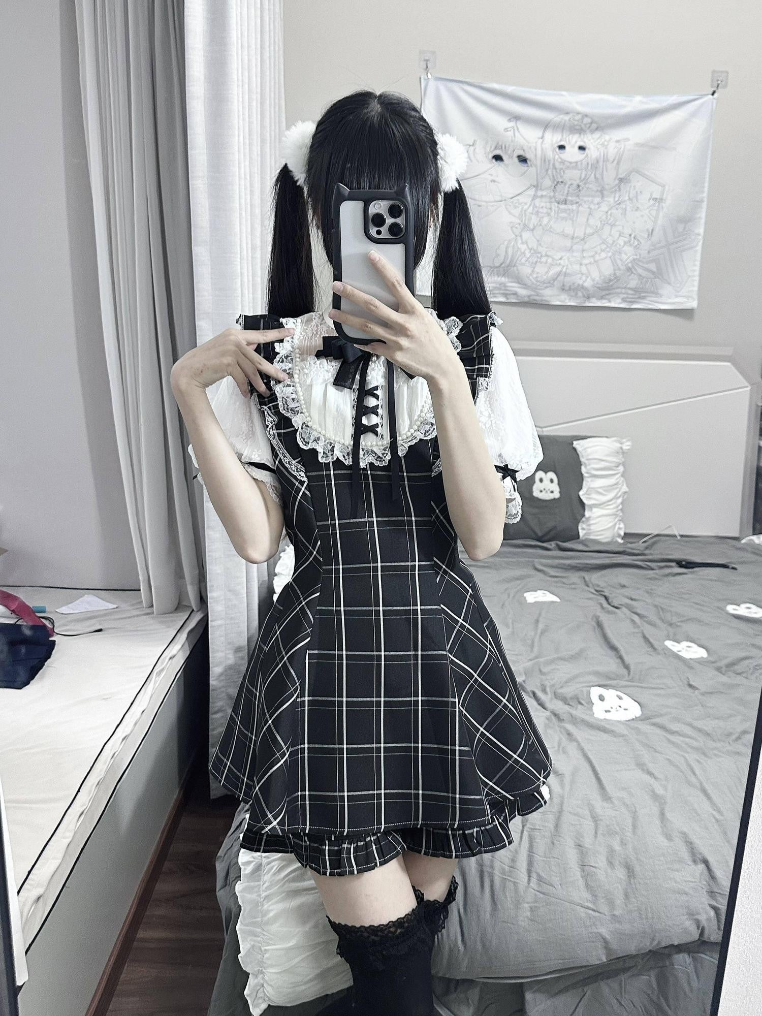 Virtual Paradise Black White Check Lace Pearl Bow Stand Collar Women's Op Sets