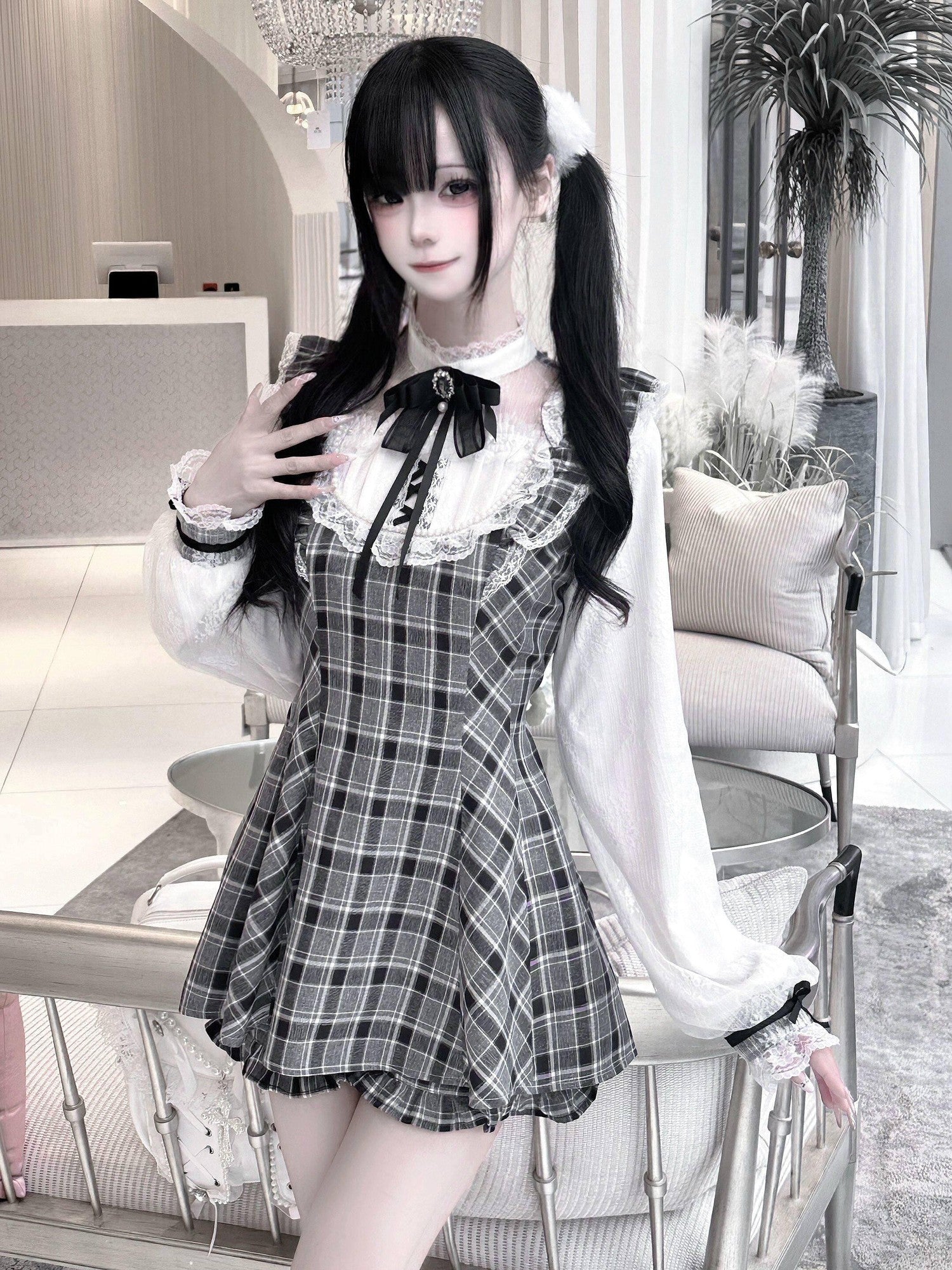 Virtual Paradise Black White Check Lace Pearl Bow Stand Collar Women's Op Sets