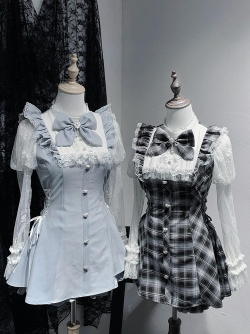 Virtual Paradise Bow Tie High Neck Lace Trim Cute Women's Kawaii Lace Long Sleeve Op