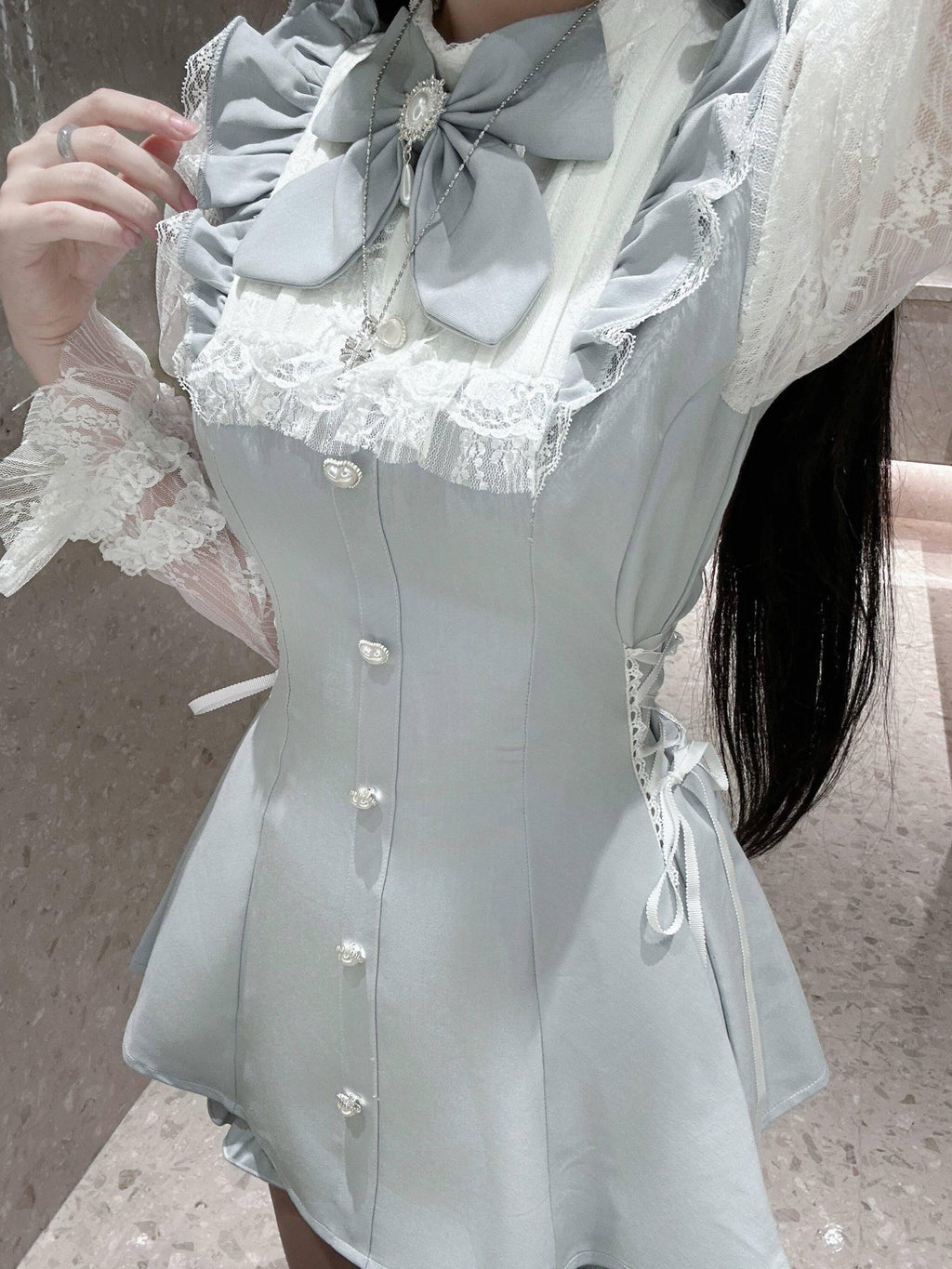 Virtual Paradise Bow Tie High Neck Lace Trim Cute Women's Kawaii Lace Long Sleeve Op