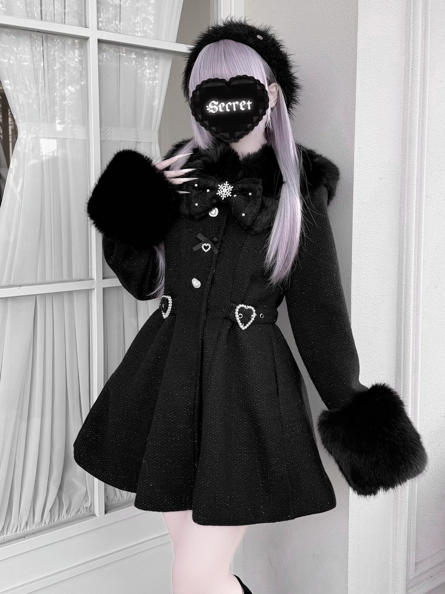 Virtual Paradise Cute Bow Waist Cinch Doll Collar Women's Imitation Wool Coats