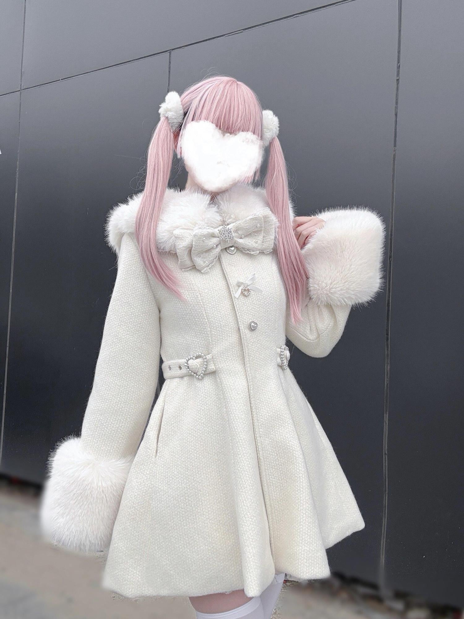 Virtual Paradise Cute Bow Waist Cinch Doll Collar Women's Imitation Wool Coats
