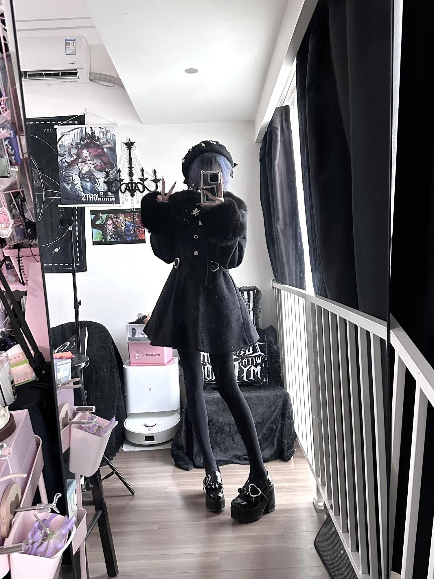 Virtual Paradise Cute Bow Waist Cinch Doll Collar Women's Imitation Wool Coats