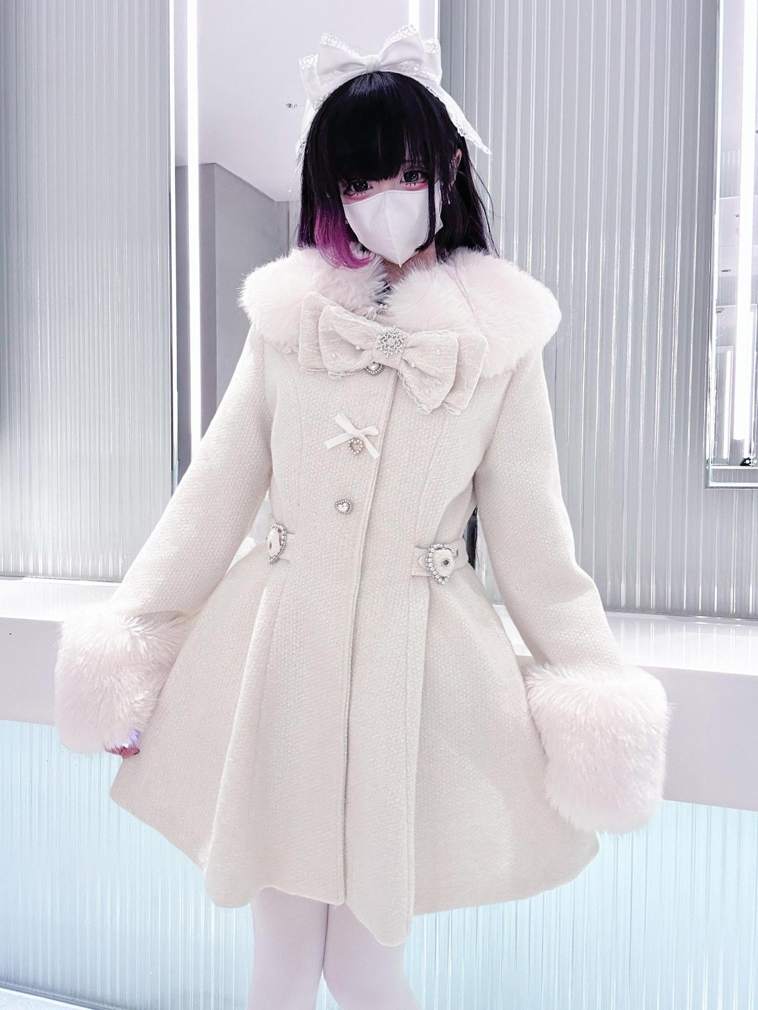 Virtual Paradise Cute Bow Waist Cinch Doll Collar Women's Imitation Wool Coats