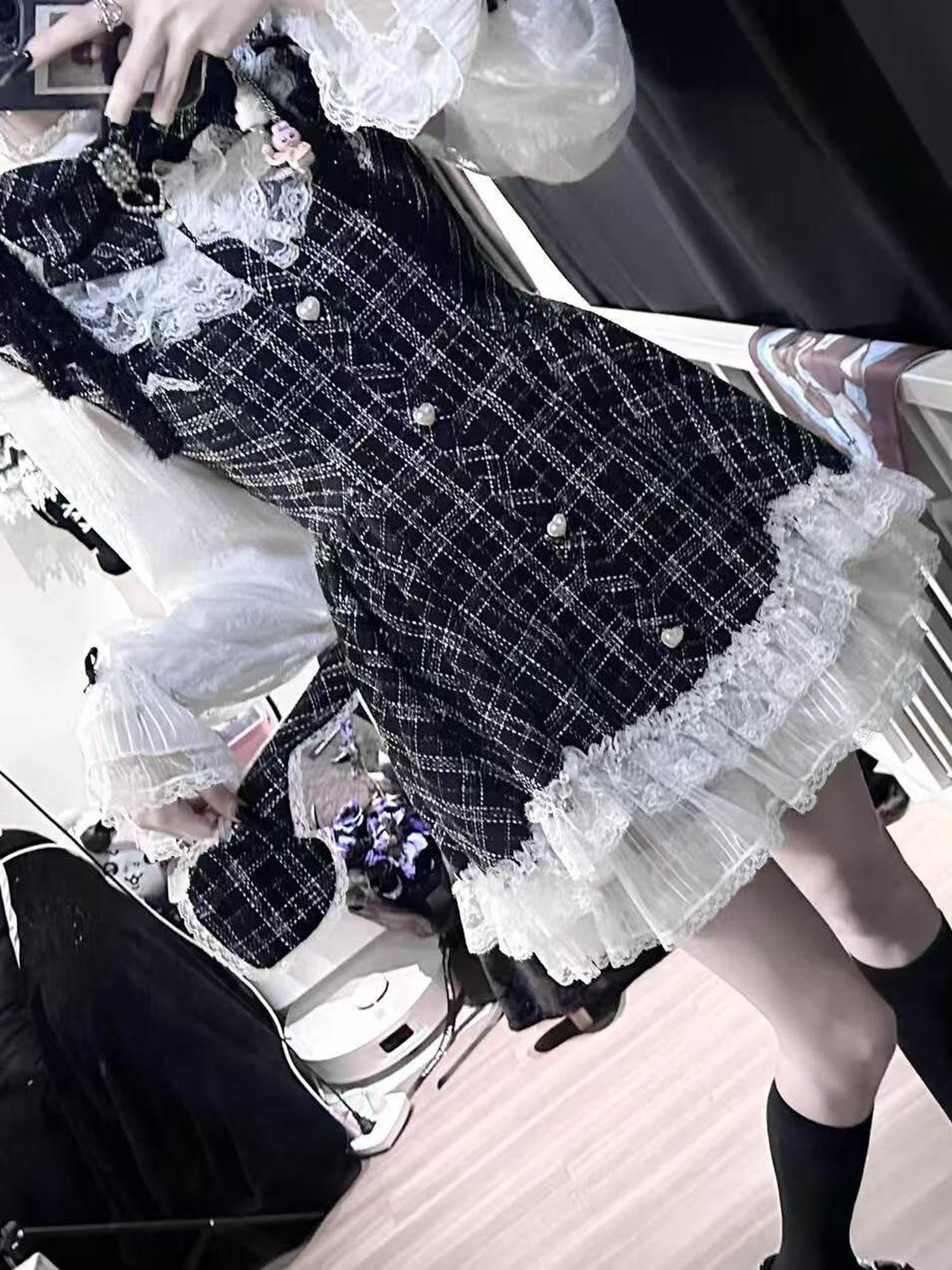 Virtual Paradise Eclipse Doll Petal Hem A Line Stand Collar Women's Lace Tweed Long Sleeve Op