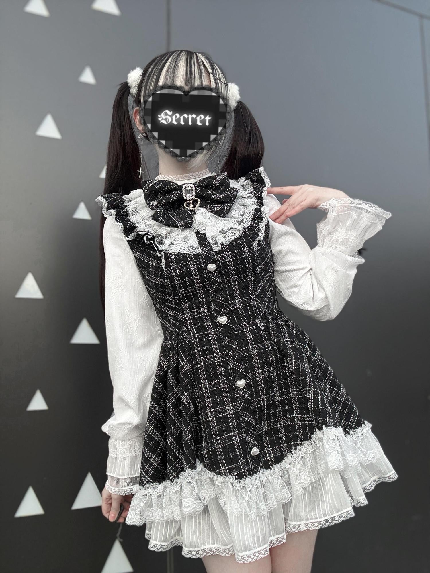 Virtual Paradise Eclipse Doll Petal Hem A Line Stand Collar Women's Lace Tweed Long Sleeve Op
