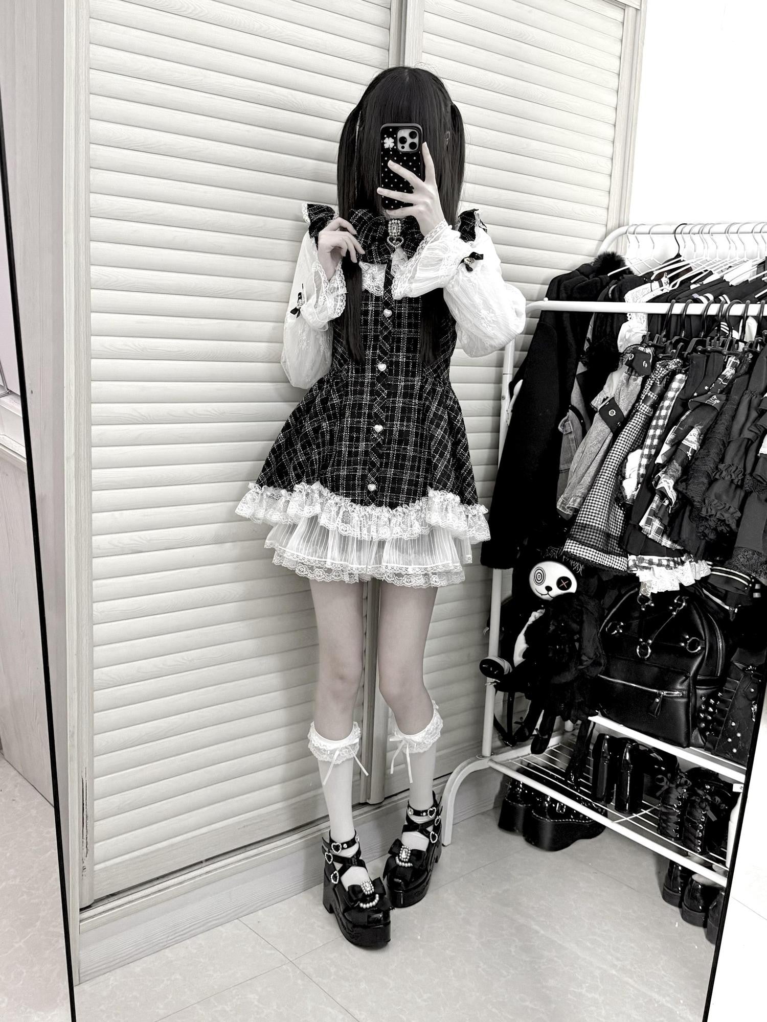 Virtual Paradise Eclipse Doll Petal Hem A Line Stand Collar Women's Lace Tweed Long Sleeve Op