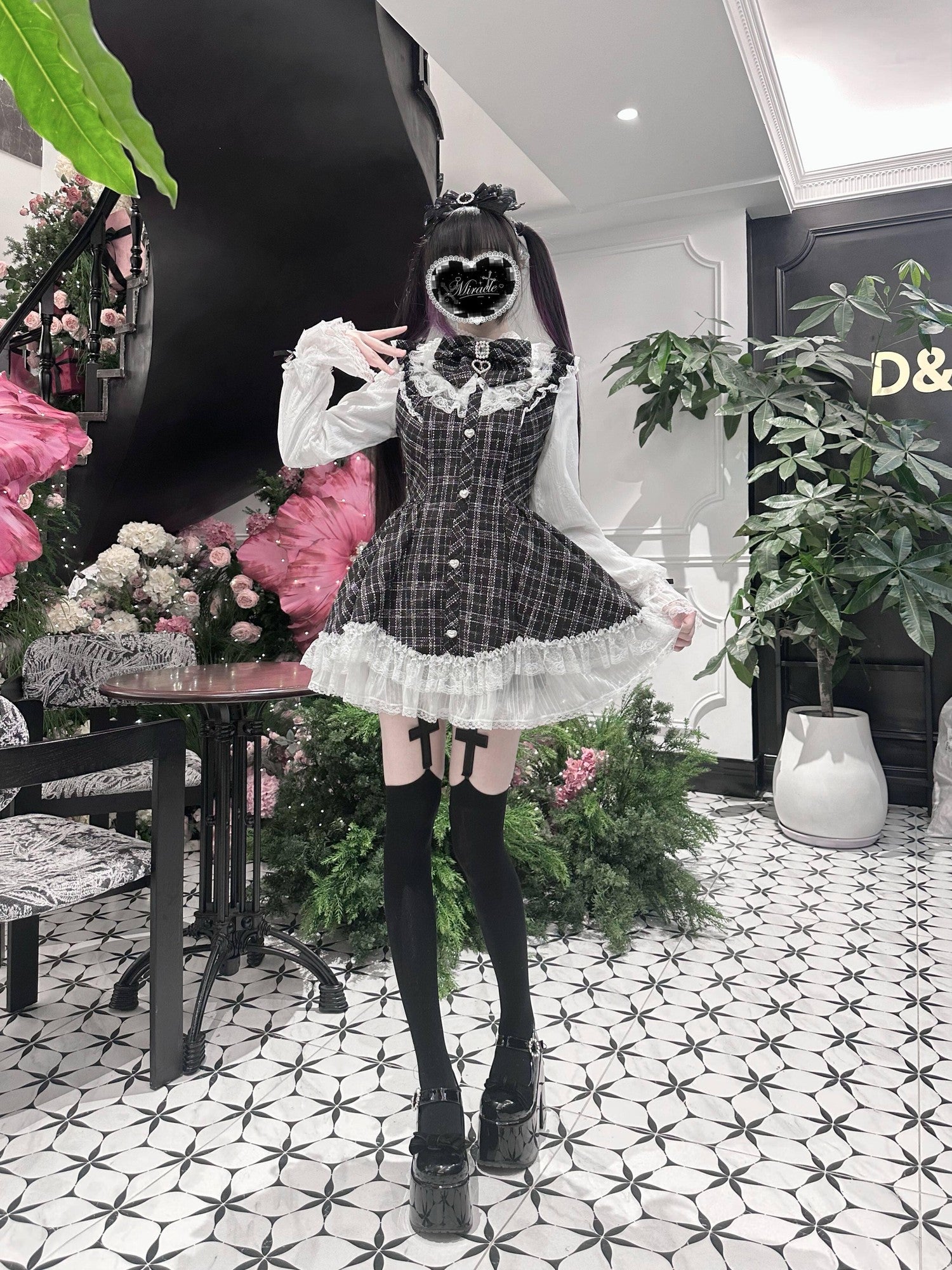 Virtual Paradise Eclipse Doll Petal Hem A Line Stand Collar Women's Lace Tweed Long Sleeve Op