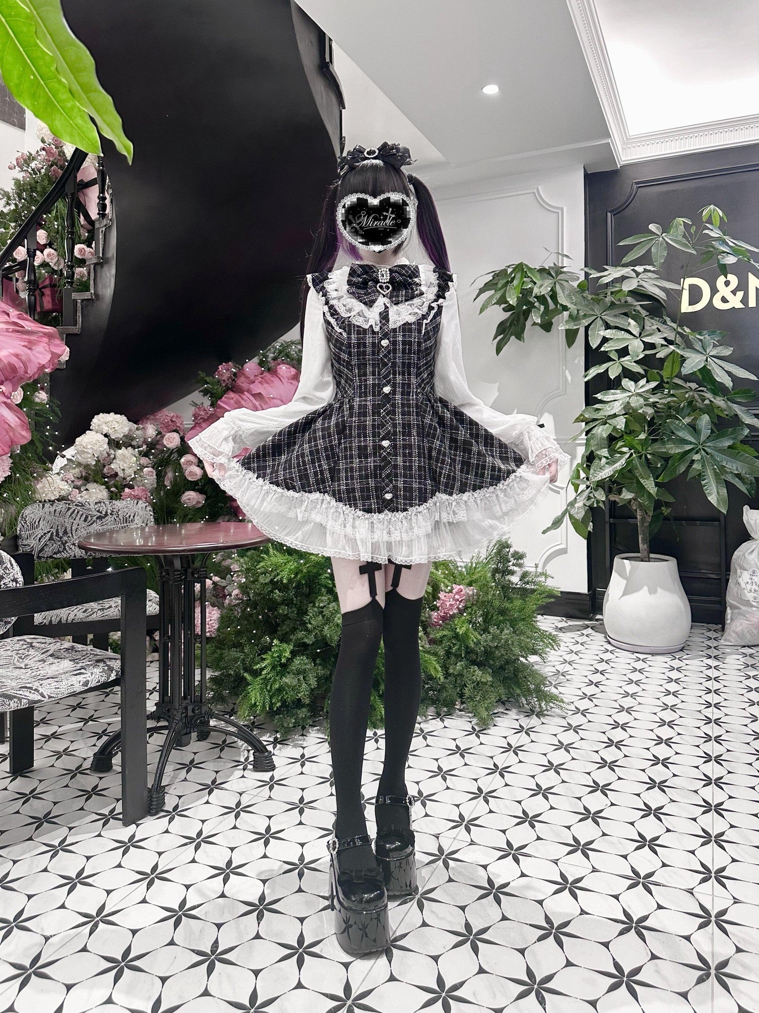 Virtual Paradise Eclipse Doll Petal Hem A Line Stand Collar Women's Lace Tweed Long Sleeve Op