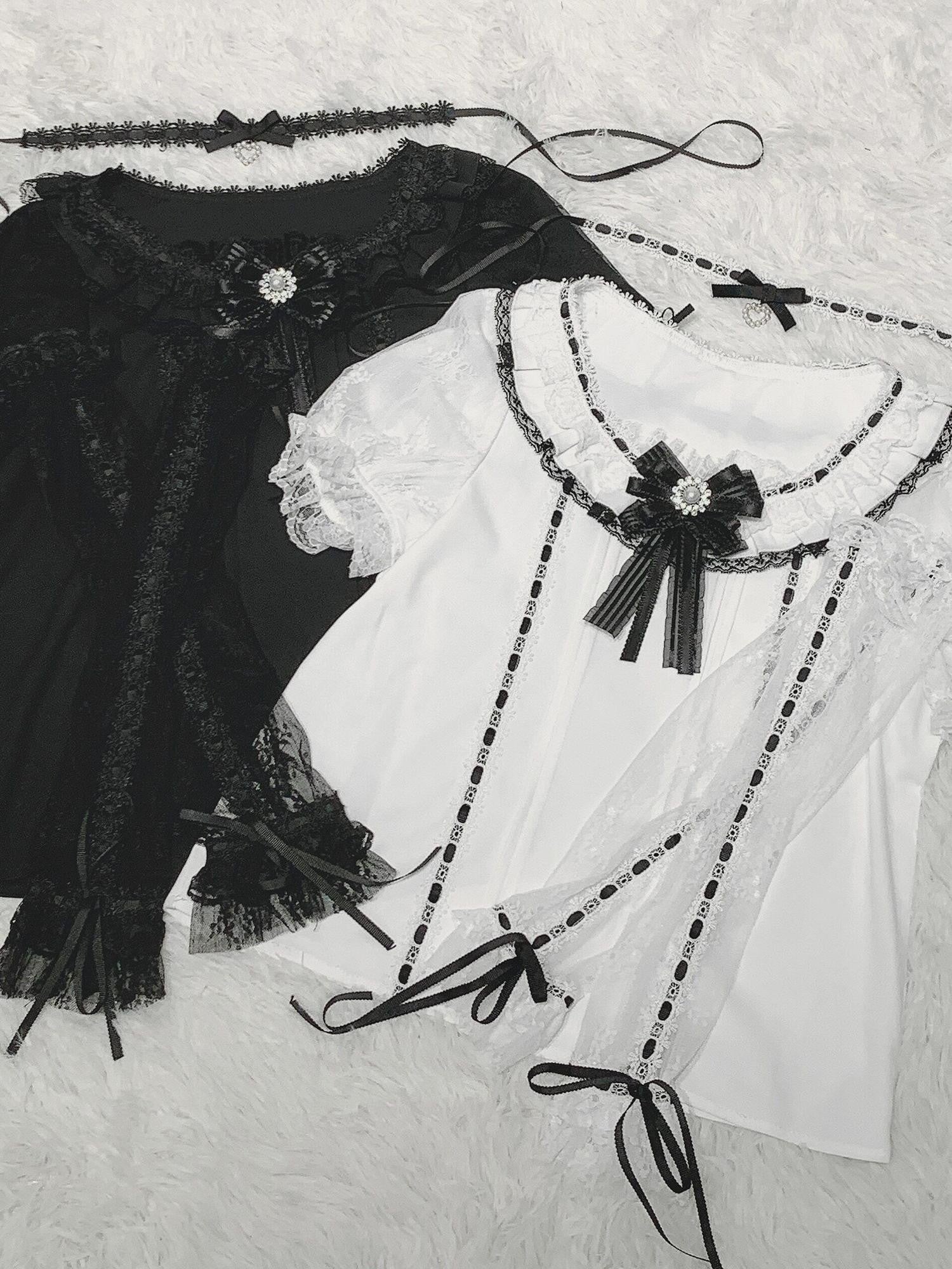 Virtual Paradise Kawaii Bow Lace Sleeve Cuffs Women's Black White Short Sleeve Cutsews