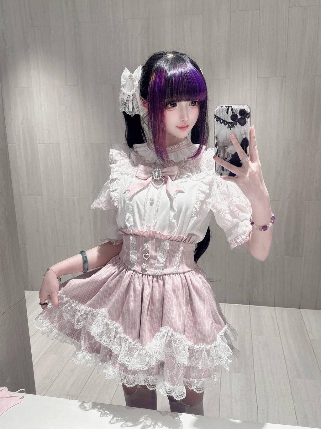 Virtual Paradise Kawaii Japanese Lace Bow Straight Cut Women's Lace Short Sleeve Op