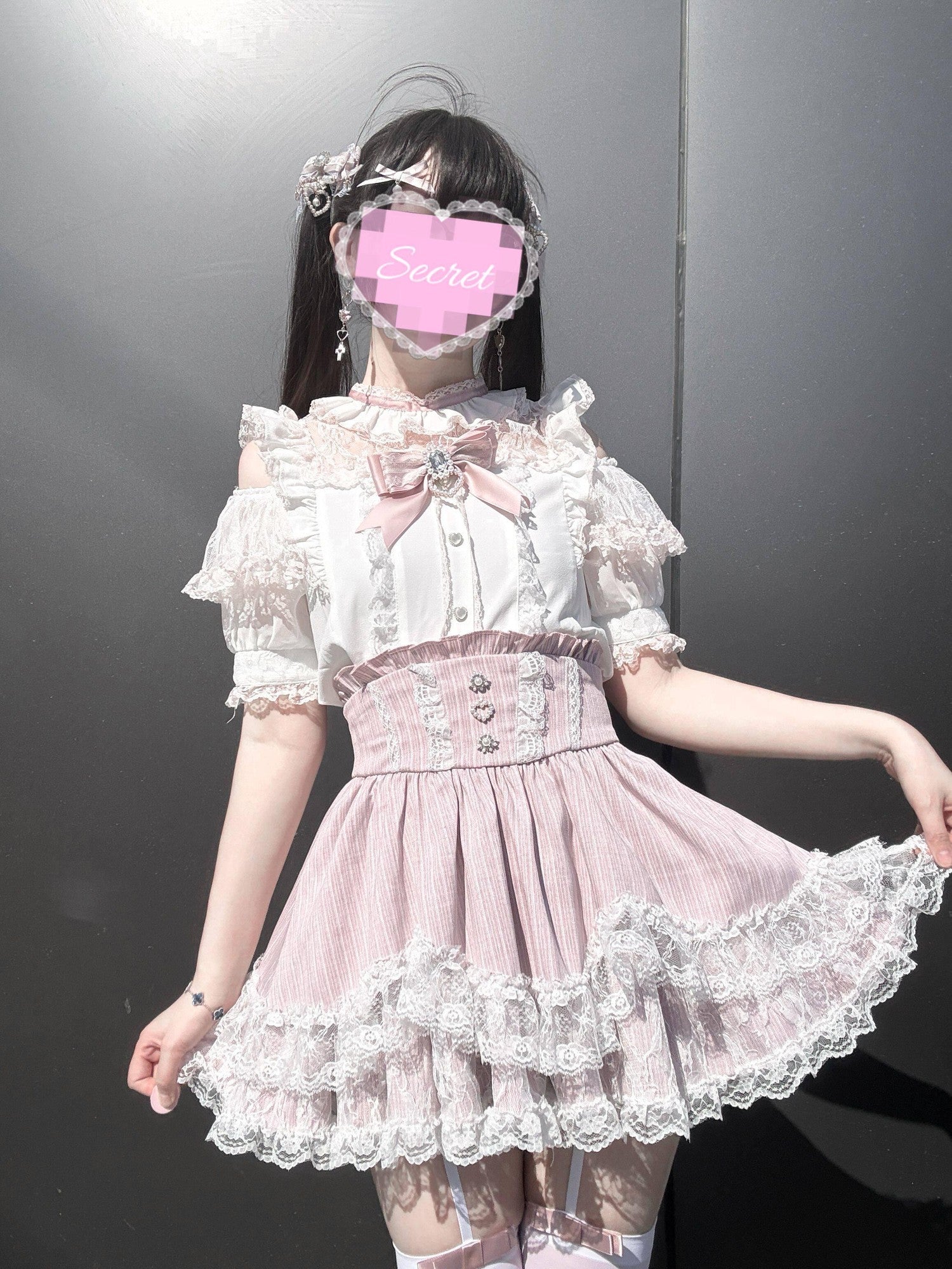 Virtual Paradise Kawaii Japanese Lace Bow Straight Cut Women's Lace Short Sleeve Op