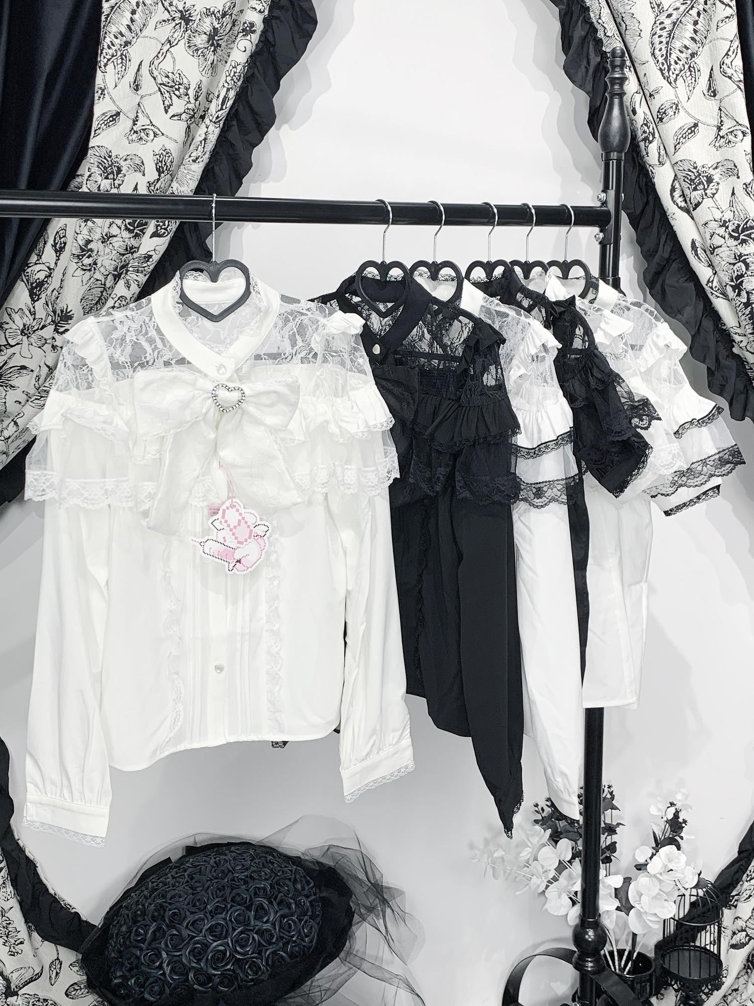 Virtual Paradise Lace Bow Heavy Embellishment Japanese Straight Women's Long Sleeve Blouses