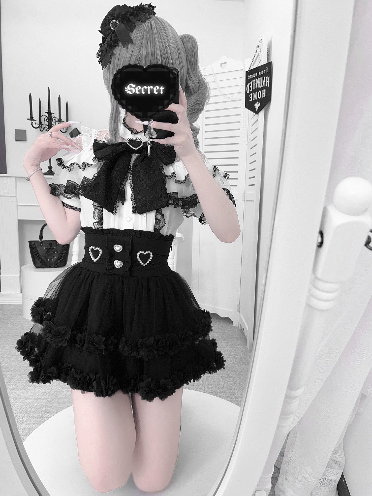 Virtual Paradise Lace Bow Heavy Embellishment Japanese Straight Women's Long Sleeve Blouses