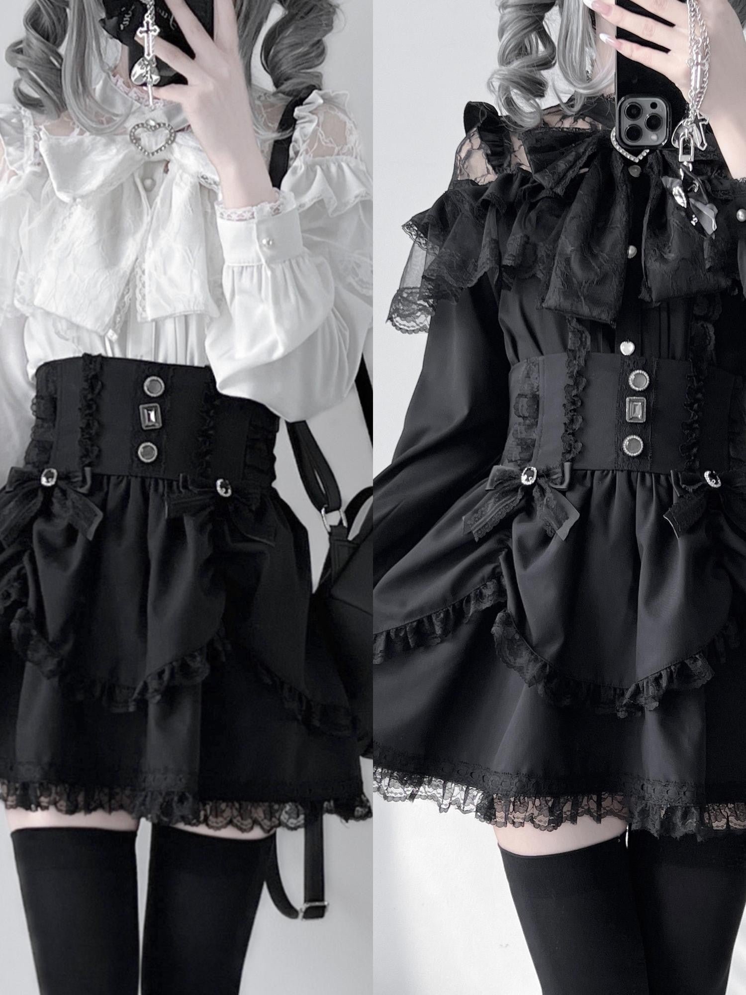 Virtual Paradise Lace Bow Heavy Embellishment Japanese Straight Women's Long Sleeve Blouses